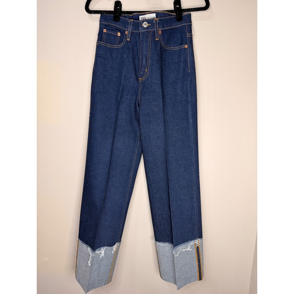 #148‎ ZARA The Folded Up Wide Leg Jeans Sz. 2 Blue High Rise Cuff w: 26" - 27"